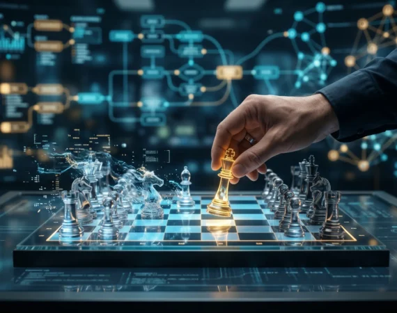 Imagen con un ajedrez futurista. Que es una metafora sobre la importancia de la estrategia en entornos VUCA para las Mipymes.