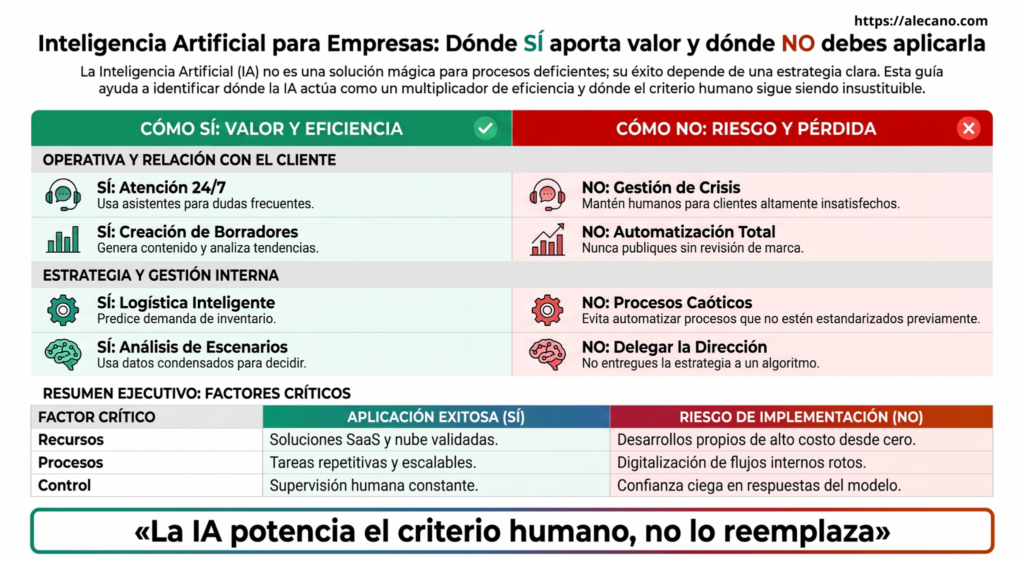 Infografía ejecutiva titulada "Inteligencia Artificial para Empresas: Dónde SÍ aporta valor y dónde NO debes aplicarla". Presenta una guía comparativa dividida en secciones: "CÓMO SÍ: Valor y Eficiencia" (en verde) y "CÓMO NO: Riesgo y Pérdida" (en rojo).

En Operativa y Relación con el Cliente, recomienda el uso de IA en atención 24/7 y creación de borradores, advirtiendo no usarla en gestión de crisis ni automatización total sin revisión. En Estrategia y Gestión Interna, aconseja aplicar IA en logística inteligente y análisis de escenarios, evitando aplicarla en procesos caóticos o delegar la dirección estratégica a un algoritmo.

Incluye una tabla de "Factores Críticos" que compara el éxito mediante soluciones SaaS y supervisión humana frente a riesgos como desarrollos desde cero o confianza ciega. Concluye con la frase destacada: "La IA potencia el criterio humano, no lo reemplaza".