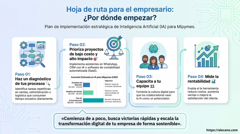Infografía ejecutiva estructurada como una "Hoja de ruta para el empresario: ¿Por dónde empezar? Plan de implementación estratégica de Inteligencia Artificial (IA) para Mipymes". Presenta un proceso secuencial dividido en 4 pasos numerados y conectados:

Paso 01: Haz un diagnóstico de tus procesos: Identifica tareas repetitivas en ventas, administración o logística que consumen tiempo excesivo diariamente.

Paso 02: Prioriza proyectos de bajo costo y alto impacto: Implementa asistentes en WhatsApp, CRM con IA o software de contabilidad automatizada (SaaS). Incluye un gráfico de "Inversión Estimada en IA para Mipymes (USD)" con rangos desde $1,500 hasta $10,000 según el objetivo (asistente de atención, analítica de ventas o plan de automatización).

Paso 03: Capacita a tu equipo: Fomenta la cultura digital para que los colaboradores vean la IA como un potenciador.

Paso 04: Mide la rentabilidad: Evalúa si la herramienta reduce costos, aumenta ventas o mejora la satisfacción del cliente.

Concluye en el pie de imagen con la frase enmarcada: "Comienza de a poco, busca victorias rápidas y escala la transformación digital de tu empresa de forma sostenible".